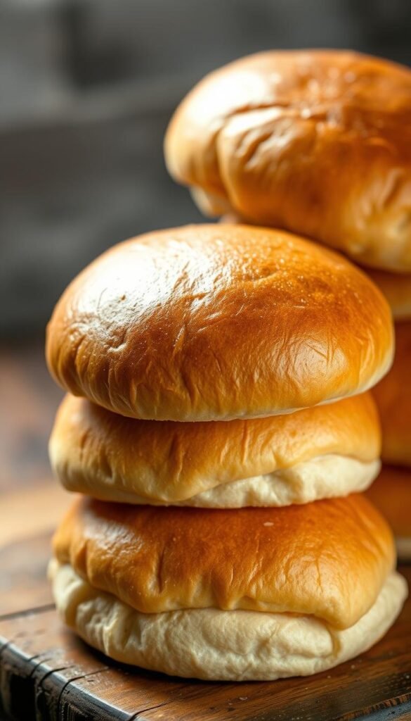 A close-up shot of a stack of freshly baked burger buns, their golden-brown crusts glistening under warm, soft lighting. The buns are arranged on a rustic wooden surface, their fluffy, pillowy texture inviting a tactile experience. The background is blurred, allowing the focus to remain on the delightful details of the buns - the faint dusting of flour, the slight sheen of butter or egg wash, and the subtle ridges along the sides, all hinting at their homemade quality. The overall mood is one of appetizing simplicity, perfectly setting the stage for the creation of the ultimate summer grilled burgers. A close-up shot of a stack of freshly baked burger buns, their golden-brown crusts glistening under warm, soft lighting. The buns are arranged on a rustic wooden surface, their fluffy, pillowy texture inviting a tactile experience. The background is blurred, allowing the focus to remain on the delightful details of the buns - the faint dusting of flour, the slight sheen of butter or egg wash, and the subtle ridges along the sides, all hinting at their homemade quality. The overall mood is one of appetizing simplicity, perfectly setting the stage for the creation of the ultimate summer grilled burgers.