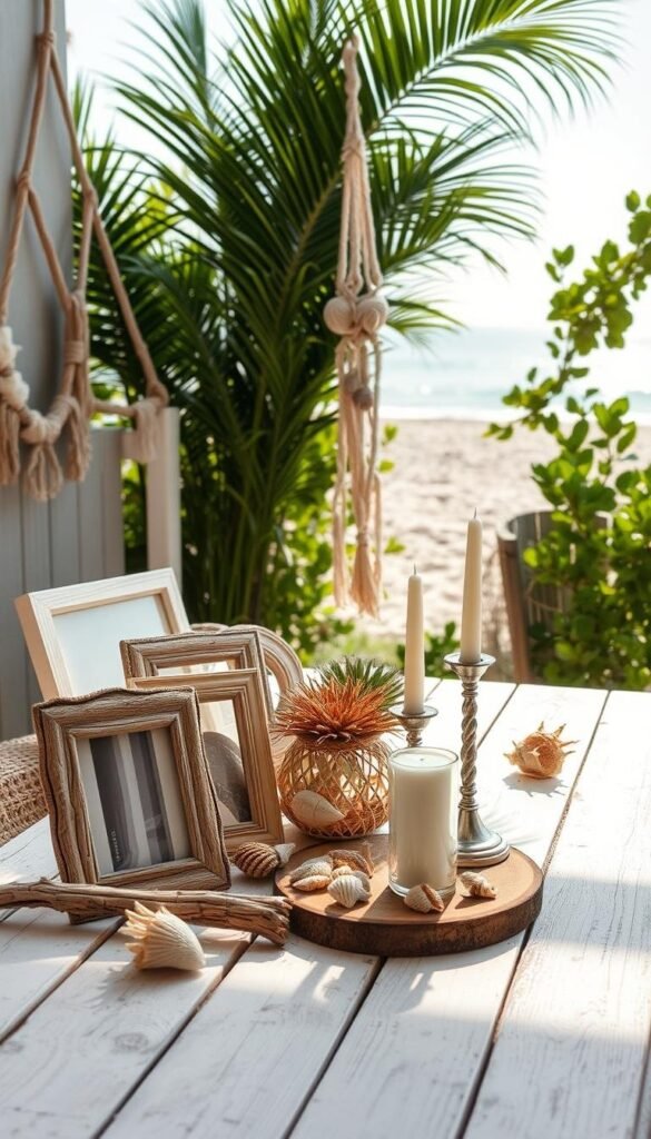 A coastal-inspired, sun-drenched DIY project scene, captured in a soft, natural light. In the foreground, a variety of artisanal decor items - driftwood frames, macrame wall hangings, and seashell-embellished candle holders. In the middle ground, a rustic, whitewashed wooden table showcases these handcrafted pieces, set against a backdrop of lush, verdant foliage and the glimpse of a sun-kissed beach in the distance. The overall mood is one of relaxed, summery elegance, evoking the serene beauty of the seaside. Photographed with a wide-angle lens to capture the depth and breadth of this inviting, Pinterest-worthy DIY oasis. A coastal-inspired, sun-drenched DIY project scene, captured in a soft, natural light. In the foreground, a variety of artisanal decor items - driftwood frames, macrame wall hangings, and seashell-embellished candle holders. In the middle ground, a rustic, whitewashed wooden table showcases these handcrafted pieces, set against a backdrop of lush, verdant foliage and the glimpse of a sun-kissed beach in the distance. The overall mood is one of relaxed, summery elegance, evoking the serene beauty of the seaside. Photographed with a wide-angle lens to capture the depth and breadth of this inviting, Pinterest-worthy DIY oasis.