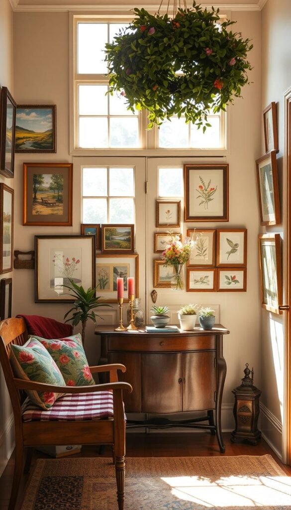 A cozy and inviting entryway, bathed in warm summer light streaming through leaded glass panels. In the foreground, a handcrafted wooden bench adorned with colorful floral cushions invites visitors to pause and admire the artful decor. On the walls, an eclectic gallery of framed paintings and illustrations - abstract landscapes, botanical studies, and whimsical nature scenes - create a captivating visual tapestry. The middle ground features a vintage console table, its surface adorned with potted succulents, antique brass candlesticks, and a small vase of fresh wildflowers. In the background, a lush, verdant wreath hangs above the entryway, its vibrant greens and seasonal blooms adding a touch of natural elegance. The overall atmosphere evokes a sense of warmth, creativity, and a welcoming respite from the outside world. A cozy and inviting entryway, bathed in warm summer light streaming through leaded glass panels. In the foreground, a handcrafted wooden bench adorned with colorful floral cushions invites visitors to pause and admire the artful decor. On the walls, an eclectic gallery of framed paintings and illustrations - abstract landscapes, botanical studies, and whimsical nature scenes - create a captivating visual tapestry. The middle ground features a vintage console table, its surface adorned with potted succulents, antique brass candlesticks, and a small vase of fresh wildflowers. In the background, a lush, verdant wreath hangs above the entryway, its vibrant greens and seasonal blooms adding a touch of natural elegance. The overall atmosphere evokes a sense of warmth, creativity, and a welcoming respite from the outside world.