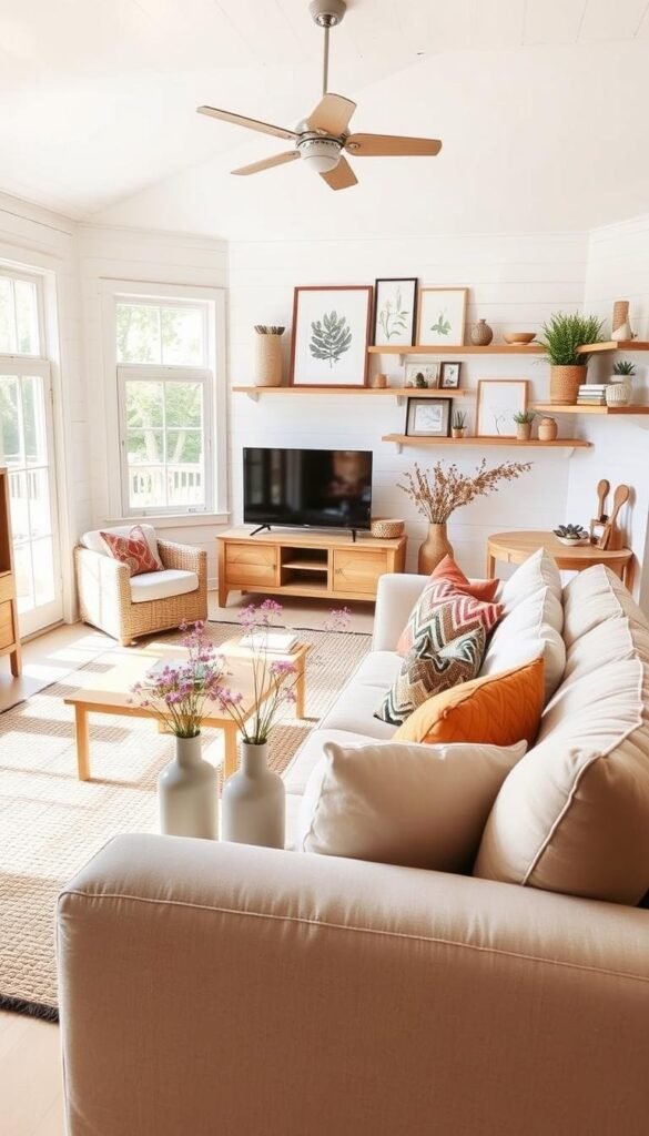 A cozy and inviting living room with a rustic-chic aesthetic. In the foreground, a plush, neutral-toned sofa is adorned with an assortment of colorful throw pillows. On the coffee table, a trio of simple yet stylish vases hold fresh wildflowers. The middle ground features a woven area rug, complemented by natural wood side tables and a minimalist TV stand. Abundant natural light filters in through large windows, casting a warm, golden glow throughout the space. The background showcases whitewashed walls, accented by floating shelves displaying an eclectic mix of handmade ceramic pieces, framed botanical prints, and other homemade home decor. The overall atmosphere is one of relaxed sophistication, perfect for a summer-inspired living room transformation. A cozy and inviting living room with a rustic-chic aesthetic. In the foreground, a plush, neutral-toned sofa is adorned with an assortment of colorful throw pillows. On the coffee table, a trio of simple yet stylish vases hold fresh wildflowers. The middle ground features a woven area rug, complemented by natural wood side tables and a minimalist TV stand. Abundant natural light filters in through large windows, casting a warm, golden glow throughout the space. The background showcases whitewashed walls, accented by floating shelves displaying an eclectic mix of handmade ceramic pieces, framed botanical prints, and other homemade home decor. The overall atmosphere is one of relaxed sophistication, perfect for a summer-inspired living room transformation.