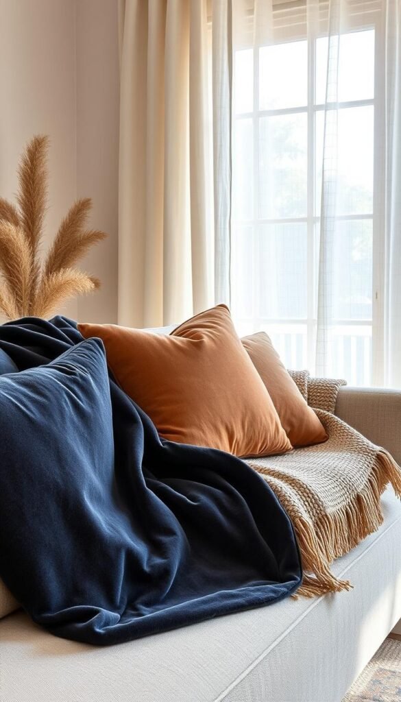 A cozy and inviting seasonal decor scene with an artful arrangement of layered fabrics. In the foreground, a plush velvet throw in a rich jewel-toned hue drapes over a neutral linen sofa. Midground, a textured woven blanket in earthy tones complements a lush velvet pillow. In the background, sheer linen curtains in a soft, airy palette frame a large window, allowing natural light to filter in and create a warm, ambient glow. The overall aesthetic is one of refined elegance and tactile comfort, perfectly capturing the essence of summertime luxe. A cozy and inviting seasonal decor scene with an artful arrangement of layered fabrics. In the foreground, a plush velvet throw in a rich jewel-toned hue drapes over a neutral linen sofa. Midground, a textured woven blanket in earthy tones complements a lush velvet pillow. In the background, sheer linen curtains in a soft, airy palette frame a large window, allowing natural light to filter in and create a warm, ambient glow. The overall aesthetic is one of refined elegance and tactile comfort, perfectly capturing the essence of summertime luxe.