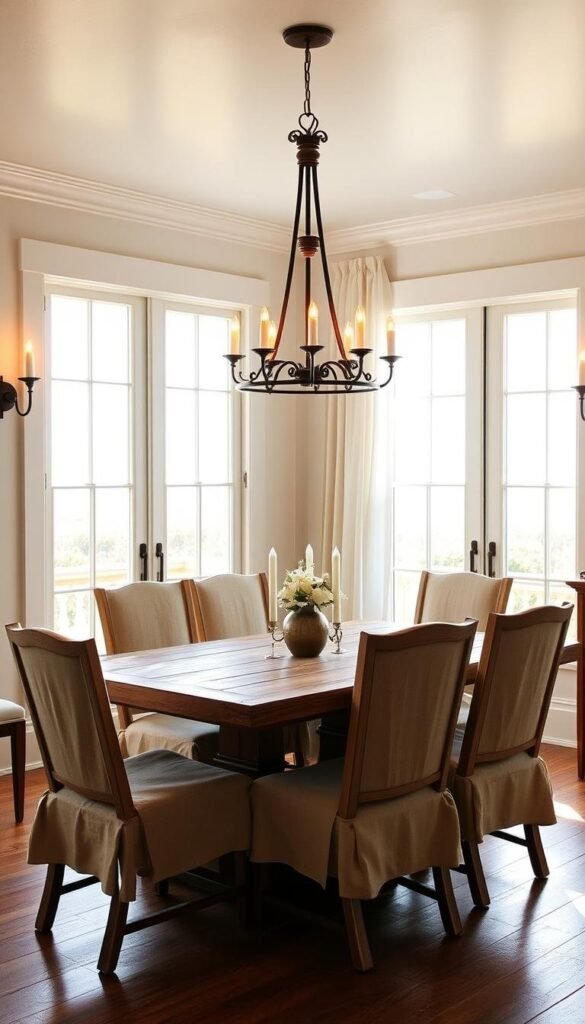 A cozy coastal dining room, bathed in the warm glow of natural lighting. Overhead, a rustic yet elegant chandelier casts a soft, ambient light, its wrought-iron frame and twinkling candles creating a inviting atmosphere. Tall windows flank the table, allowing sunlight to stream in, casting a golden hue across the weathered wood and linen-draped chairs. Subtle sconces along the walls provide additional illumination, their soft light reflecting off the smooth, whitewashed walls. Gentle ocean breezes flutter the sheer curtains, completing the serene, laid-back vibe perfect for an alfresco summer meal. A cozy coastal dining room, bathed in the warm glow of natural lighting. Overhead, a rustic yet elegant chandelier casts a soft, ambient light, its wrought-iron frame and twinkling candles creating a inviting atmosphere. Tall windows flank the table, allowing sunlight to stream in, casting a golden hue across the weathered wood and linen-draped chairs. Subtle sconces along the walls provide additional illumination, their soft light reflecting off the smooth, whitewashed walls. Gentle ocean breezes flutter the sheer curtains, completing the serene, laid-back vibe perfect for an alfresco summer meal.