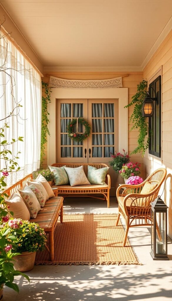 A cozy front porch bathed in warm summer light, adorned with a plush woven rug, plump cushions, and vibrant patterned textiles. Delicate lace curtains flutter gently in the breeze, framing the entryway. A rustic wooden bench with fluffy pillows invites visitors to pause and admire the welcoming scene. Trailing vines and potted blooms add pops of verdant life, while a wicker chair and decorative lanterns create a charming, lived-in atmosphere. Soft, dappled shadows cast by the overhead eaves lend a romantic, nostalgic quality to the space. The overall impression is one of relaxation, comfort, and the irresistible allure of summer. A cozy front porch bathed in warm summer light, adorned with a plush woven rug, plump cushions, and vibrant patterned textiles. Delicate lace curtains flutter gently in the breeze, framing the entryway. A rustic wooden bench with fluffy pillows invites visitors to pause and admire the welcoming scene. Trailing vines and potted blooms add pops of verdant life, while a wicker chair and decorative lanterns create a charming, lived-in atmosphere. Soft, dappled shadows cast by the overhead eaves lend a romantic, nostalgic quality to the space. The overall impression is one of relaxation, comfort, and the irresistible allure of summer.