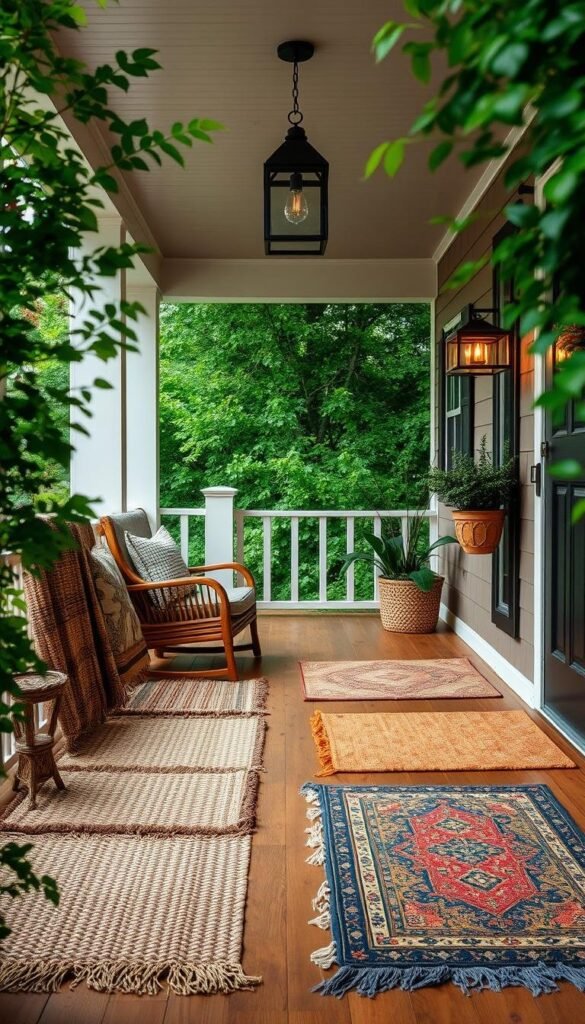 A cozy, inviting front porch adorned with a collection of stylish, textured area rugs. The porch features warm wooden floors and a charming, rustic aesthetic. The rugs, in a variety of patterns and earth-toned hues, anchor the space and add visual interest. Soft lighting from sconces and a hanging lantern creates a welcoming ambiance, casting a gentle glow across the scene. The porch is framed by lush, verdant foliage, hinting at the verdant summer setting. Shot at a medium angle, the composition highlights the integration of the functional yet decorative rugs into the overall porch design. A cozy, inviting front porch adorned with a collection of stylish, textured area rugs. The porch features warm wooden floors and a charming, rustic aesthetic. The rugs, in a variety of patterns and earth-toned hues, anchor the space and add visual interest. Soft lighting from sconces and a hanging lantern creates a welcoming ambiance, casting a gentle glow across the scene. The porch is framed by lush, verdant foliage, hinting at the verdant summer setting. Shot at a medium angle, the composition highlights the integration of the functional yet decorative rugs into the overall porch design.