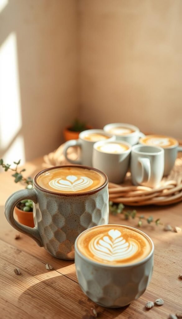 A cozy, inviting latte art home decor scene, bathed in warm beige tones. In the foreground, a textured ceramic mug filled with intricate latte art - a delicate leaf or flower design, cast in creamy tones. The mug rests on a rustic wooden surface, surrounded by small potted succulents and a sprig of eucalyptus. In the middle ground, a woven basket or tray holds additional ceramic mugs, each showcasing unique latte art patterns. The background features a soft, slightly blurred, textured wall in a soothing beige hue, evoking a sense of tranquility. Natural light filters in, creating gentle shadows and highlights that enhance the cozy, intimate atmosphere.