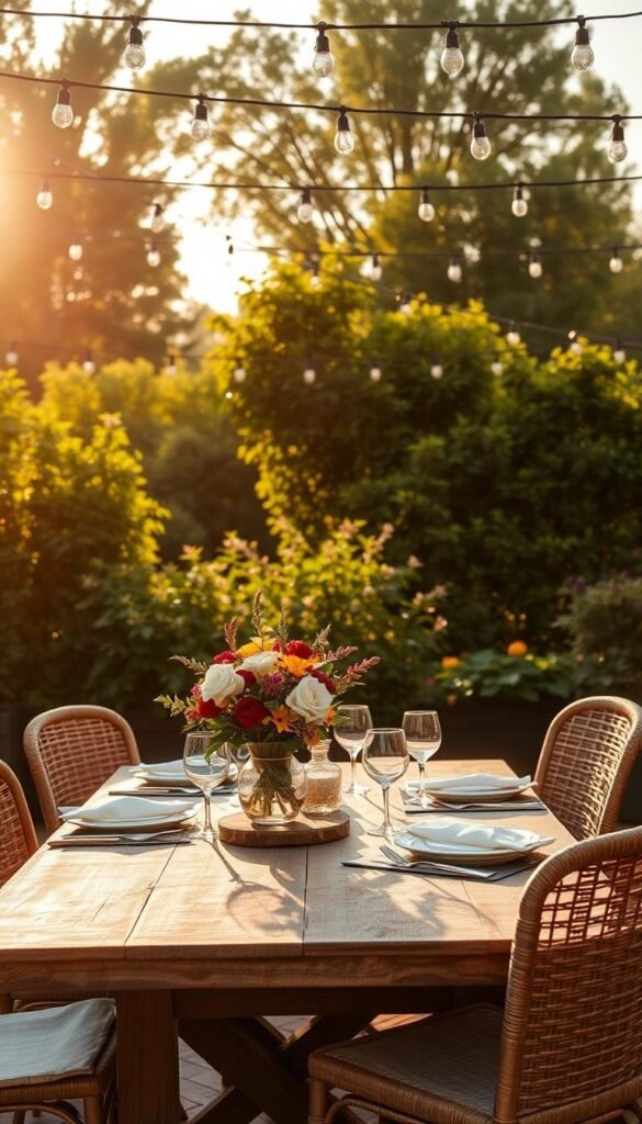 A cozy outdoor dining setting bathed in warm, golden afternoon sunlight. In the foreground, a rustic wooden table is adorned with a crisp white linen tablecloth, complemented by elegant place settings and a vase of vibrant summer blooms. Surrounding the table, comfortable woven rattan chairs invite guests to linger and savor the al fresco atmosphere. In the middle ground, lush, verdant foliage frames the scene, creating a natural, serene backdrop. Overhead, a canopy of string lights casts a soft, inviting glow, capturing the essence of a perfect summer evening spent dining under the stars. A cozy outdoor dining setting bathed in warm, golden afternoon sunlight. In the foreground, a rustic wooden table is adorned with a crisp white linen tablecloth, complemented by elegant place settings and a vase of vibrant summer blooms. Surrounding the table, comfortable woven rattan chairs invite guests to linger and savor the al fresco atmosphere. In the middle ground, lush, verdant foliage frames the scene, creating a natural, serene backdrop. Overhead, a canopy of string lights casts a soft, inviting glow, capturing the essence of a perfect summer evening spent dining under the stars.