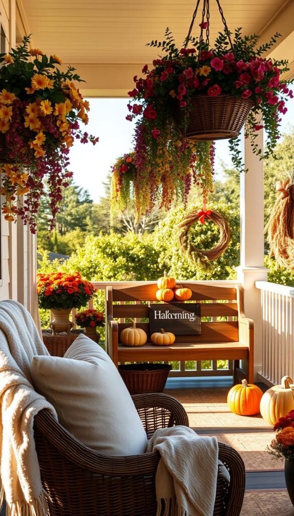 A cozy porch adorned with seasonal decor, bathed in warm afternoon light. In the foreground, an inviting wicker chair draped with a plush throw pillow. Hanging baskets overflow with cascading blooms in autumnal hues. The middle ground features a wooden bench adorned with pumpkins, gourds, and a rustic wreath. In the background, the porch's structural elements are framed by lush greenery and a clear blue sky. The scene evokes a sense of welcoming comfort and a connection to the changing seasons. A cozy porch adorned with seasonal decor, bathed in warm afternoon light. In the foreground, an inviting wicker chair draped with a plush throw pillow. Hanging baskets overflow with cascading blooms in autumnal hues. The middle ground features a wooden bench adorned with pumpkins, gourds, and a rustic wreath. In the background, the porch's structural elements are framed by lush greenery and a clear blue sky. The scene evokes a sense of welcoming comfort and a connection to the changing seasons.