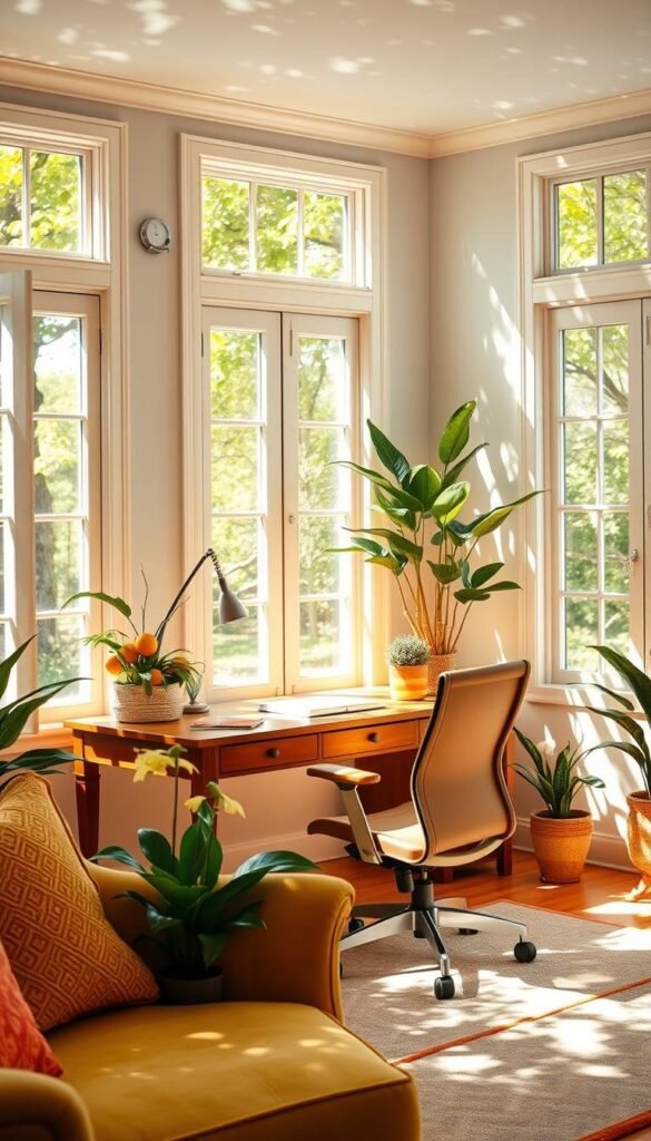 A cozy summer home office, bathed in warm sunlight streaming through large windows. The foreground showcases a vibrant color palette of citrus hues - lemon yellow, tangerine orange, and lime green accents in plush furnishings, artful decor, and potted plants. The middle ground features a rich, wooden desk with an ergonomic chair in a complementary earth tone. In the background, pastel blues and soft whites create a soothing, airy atmosphere, evoking the tranquility of a seaside retreat. Dappled shadows from leafy trees outside dance across the scene, adding a sense of natural rhythms. The overall mood is one of refreshed creativity and elevated productivity, perfectly capturing the essence of a summer home office. A cozy summer home office, bathed in warm sunlight streaming through large windows. The foreground showcases a vibrant color palette of citrus hues - lemon yellow, tangerine orange, and lime green accents in plush furnishings, artful decor, and potted plants. The middle ground features a rich, wooden desk with an ergonomic chair in a complementary earth tone. In the background, pastel blues and soft whites create a soothing, airy atmosphere, evoking the tranquility of a seaside retreat. Dappled shadows from leafy trees outside dance across the scene, adding a sense of natural rhythms. The overall mood is one of refreshed creativity and elevated productivity, perfectly capturing the essence of a summer home office.