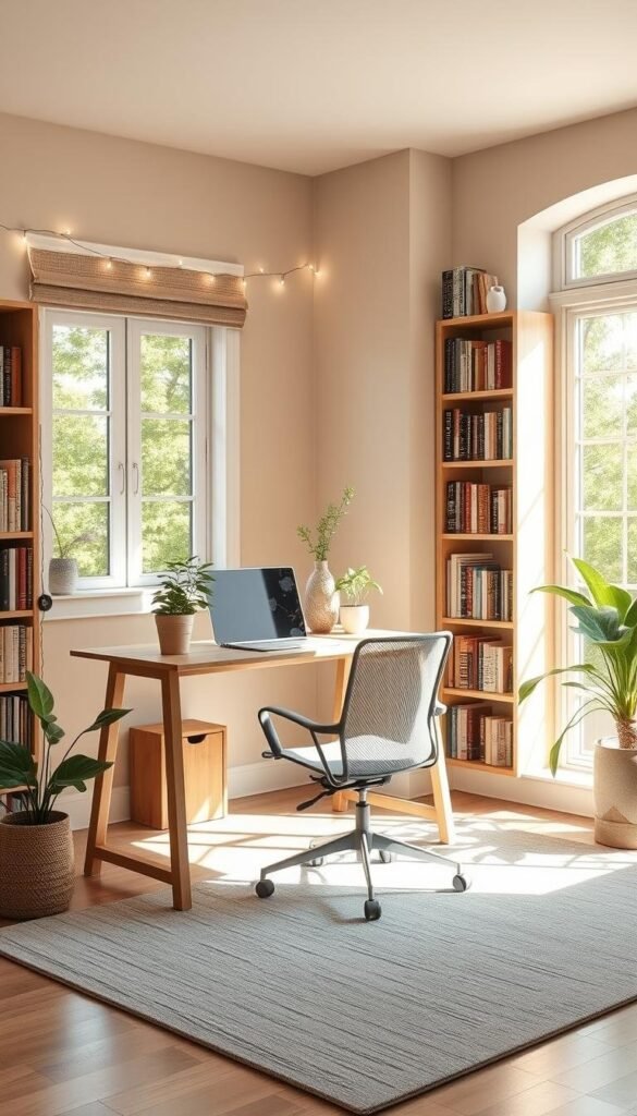 A cozy summer home office with natural light streaming through large windows, casting a warm glow on a minimalist wooden desk and ergonomic mesh chair. Leafy indoor plants and a small side table with a decorative vase add a touch of freshness. The walls are a soothing shade of beige, complemented by a soft gray area rug underfoot. Floor-to-ceiling bookshelves flank the desk, filled with an eclectic mix of hardcover volumes. A string of fairy lights drapes along the shelves, creating a subtle ambiance. Overall, the space exudes productivity and serenity, perfectly suited for comfortable summer work. A cozy summer home office with natural light streaming through large windows, casting a warm glow on a minimalist wooden desk and ergonomic mesh chair. Leafy indoor plants and a small side table with a decorative vase add a touch of freshness. The walls are a soothing shade of beige, complemented by a soft gray area rug underfoot. Floor-to-ceiling bookshelves flank the desk, filled with an eclectic mix of hardcover volumes. A string of fairy lights drapes along the shelves, creating a subtle ambiance. Overall, the space exudes productivity and serenity, perfectly suited for comfortable summer work.
