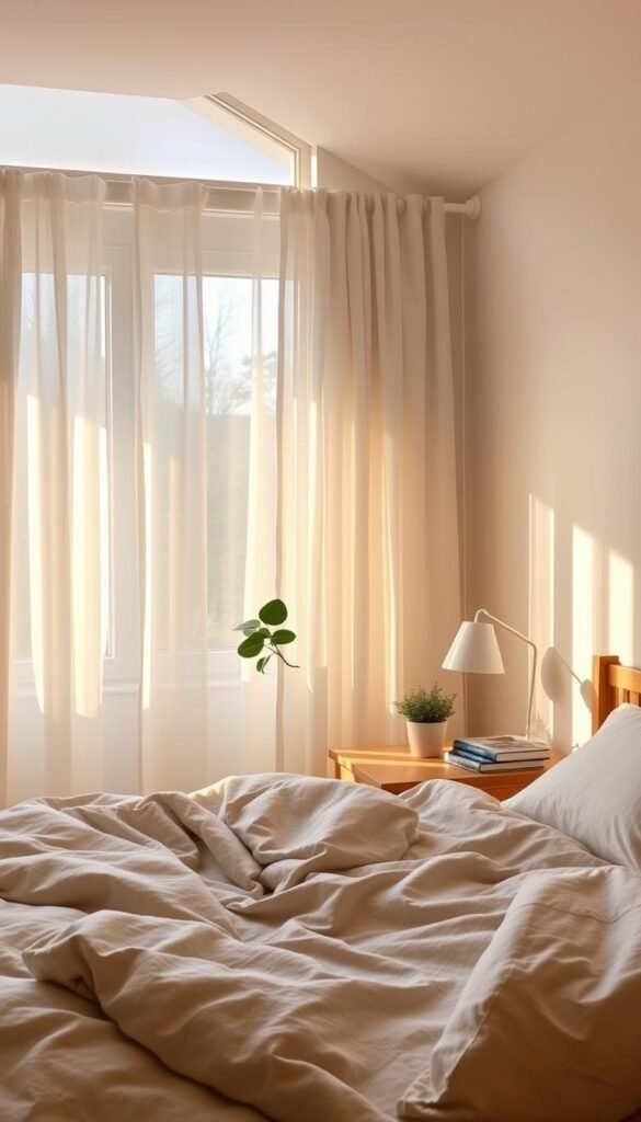 A cozy, sun-drenched bedroom with natural wood furniture and textured linen bedding. Warm, golden sunlight filters through sheer white curtains, casting a soft, diffused glow across the space. A potted plant and a stack of books on the nightstand add a touch of greenery and coziness. The room has a serene, Scandinavian-inspired aesthetic, with clean lines and a calming, neutral color palette. The overall atmosphere is one of tranquility and relaxation, inviting the viewer to unwind and bask in the natural light. A cozy, sun-drenched bedroom with natural wood furniture and textured linen bedding. Warm, golden sunlight filters through sheer white curtains, casting a soft, diffused glow across the space. A potted plant and a stack of books on the nightstand add a touch of greenery and coziness. The room has a serene, Scandinavian-inspired aesthetic, with clean lines and a calming, neutral color palette. The overall atmosphere is one of tranquility and relaxation, inviting the viewer to unwind and bask in the natural light.