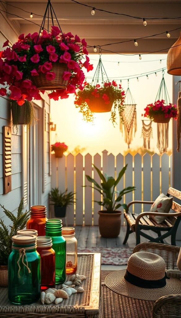 A cozy, sun-drenched patio adorned with vibrant hanging baskets, strings of twinkling lights, and a rustic DIY wooden bench. In the foreground, an assortment of summer-themed decorative elements like seashells, colorful glass jars, and a woven straw hat rest on a wicker side table. The middle ground features a lush potted plant and a few handcrafted macrame wall hangings, while the background showcases a breezy, white-painted wooden fence framing a hazy, golden sunset sky. The overall scene exudes a warm, inviting atmosphere perfect for laid-back summer entertaining. A cozy, sun-drenched patio adorned with vibrant hanging baskets, strings of twinkling lights, and a rustic DIY wooden bench. In the foreground, an assortment of summer-themed decorative elements like seashells, colorful glass jars, and a woven straw hat rest on a wicker side table. The middle ground features a lush potted plant and a few handcrafted macrame wall hangings, while the background showcases a breezy, white-painted wooden fence framing a hazy, golden sunset sky. The overall scene exudes a warm, inviting atmosphere perfect for laid-back summer entertaining.