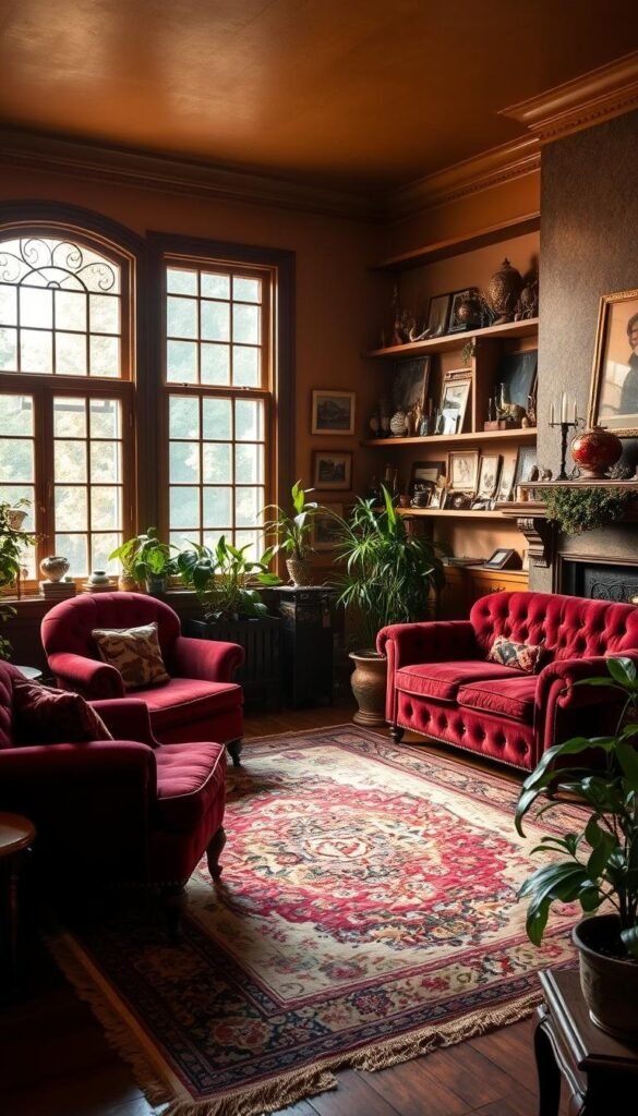 A cozy vintage living room bathed in warm, golden light from a large window. Plush velvet armchairs and a tufted sofa in rich jewel tones sit upon a faded Persian rug. Wooden shelves display an eclectic collection of antique trinkets, vases, and framed photographs. Lush potted plants lend a touch of greenery, while a crackling fireplace casts a soft glow. The room has a lived-in, timeless charm, evoking a sense of nostalgia and tranquility. A cozy vintage living room bathed in warm, golden light from a large window. Plush velvet armchairs and a tufted sofa in rich jewel tones sit upon a faded Persian rug. Wooden shelves display an eclectic collection of antique trinkets, vases, and framed photographs. Lush potted plants lend a touch of greenery, while a crackling fireplace casts a soft glow. The room has a lived-in, timeless charm, evoking a sense of nostalgia and tranquility.