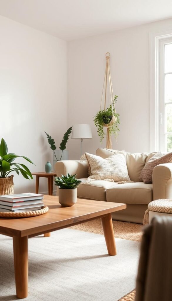 A cozy, well-lit living room with a focus on eco-conscious decor. In the foreground, a minimalist wooden coffee table displays an assortment of natural materials - a woven basket, a stack of books, and a potted plant. The middle ground features a comfortable linen sofa, accented by a handwoven throw pillow and a jute area rug. Hanging on the wall, a macrame plant holder suspends a trailing houseplant. The background showcases a large window, allowing natural light to flood the space and highlighting the muted, earthy color palette. The overall atmosphere is calming and inviting, conveying a sense of sustainability and mindfulness within a modest budget.