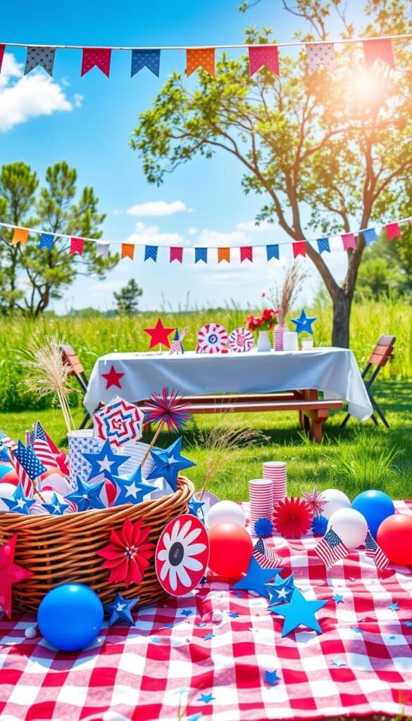 A festive 4th of July picnic scene with patriotic decorations against a sun-drenched summer backdrop. In the foreground, a checkered picnic blanket is adorned with red, white, and blue balloons, sparklers, and paper flags. On the blanket, a wicker basket overflows with star-spangled plates, cups, and utensils. In the middle ground, a wooden picnic table is set with a crisp white tablecloth, dotted with vibrant pinwheels and bunches of star-shaped confetti. Hanging from the trees, colorful bunting and string lights create a glowing, celebratory ambiance. A cloudless blue sky and lush green grass fill the background, evoking a sense of joy and national pride. A festive 4th of July picnic scene with patriotic decorations against a sun-drenched summer backdrop. In the foreground, a checkered picnic blanket is adorned with red, white, and blue balloons, sparklers, and paper flags. On the blanket, a wicker basket overflows with star-spangled plates, cups, and utensils. In the middle ground, a wooden picnic table is set with a crisp white tablecloth, dotted with vibrant pinwheels and bunches of star-shaped confetti. Hanging from the trees, colorful bunting and string lights create a glowing, celebratory ambiance. A cloudless blue sky and lush green grass fill the background, evoking a sense of joy and national pride.