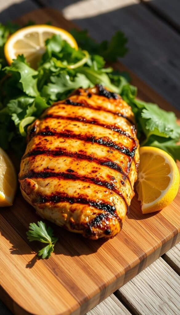 A freshly grilled chicken breast, perfectly seared with charring on the edges, resting on a wooden cutting board. Juicy and tender, the chicken's golden-brown skin glistens under the warm natural lighting. A crisp green salad and lemon wedges surround the chicken, creating a vibrant and summery arrangement. The scene is captured with a shallow depth of field, focusing the viewer's attention on the succulent, flavorful chicken. Subtle shadows add depth and dimension, while the overall composition evokes a sense of simple, healthy, and delicious al fresco dining.