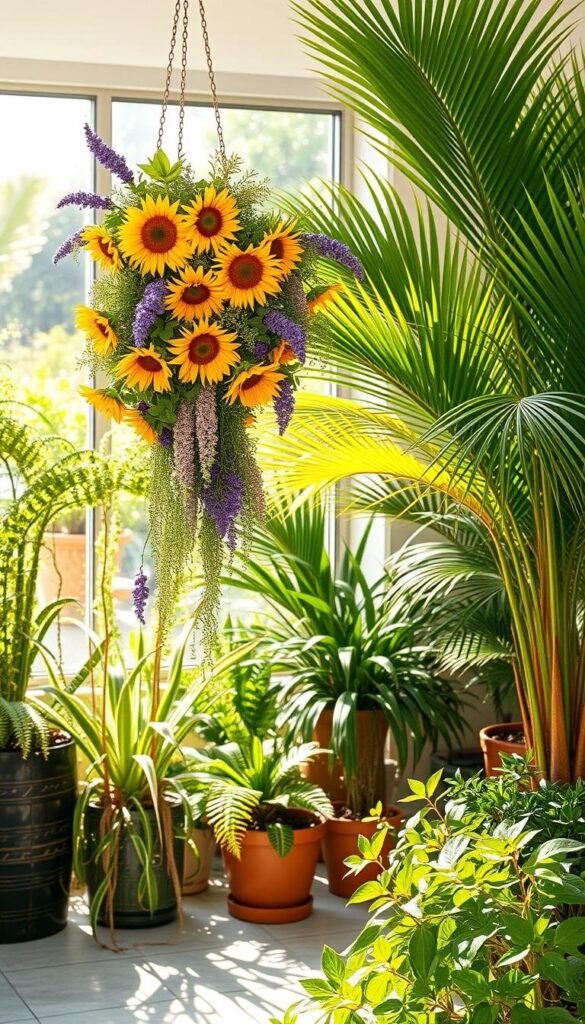 A lush, sun-dappled garden bursting with modern summer florals and vibrant greenery. In the foreground, an elegant arrangement of blooming sunflowers, lavender, and intricate ferns cascading from a woven hanging basket. The middle ground features a mix of potted plants, including trailing vines and tall, leafy palms, all bathed in warm, golden afternoon light. The background showcases a frameless glass window overlooking the verdant scene, creating a seamless indoor-outdoor flow. The overall mood is one of serene, natural beauty and a fresh, summery ambiance. A lush, sun-dappled garden bursting with modern summer florals and vibrant greenery. In the foreground, an elegant arrangement of blooming sunflowers, lavender, and intricate ferns cascading from a woven hanging basket. The middle ground features a mix of potted plants, including trailing vines and tall, leafy palms, all bathed in warm, golden afternoon light. The background showcases a frameless glass window overlooking the verdant scene, creating a seamless indoor-outdoor flow. The overall mood is one of serene, natural beauty and a fresh, summery ambiance.