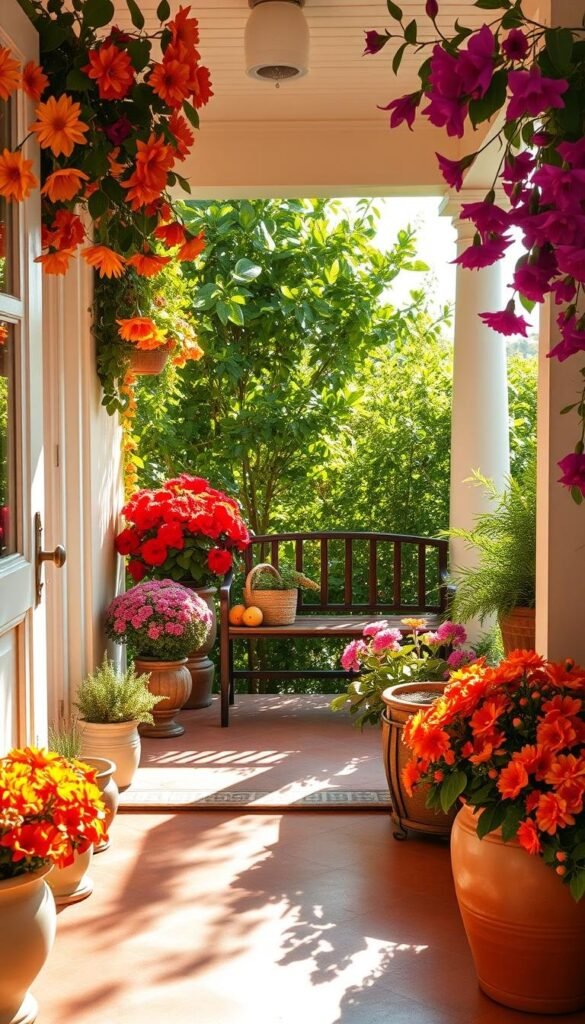 A lush, sun-drenched outdoor entryway adorned with a vibrant summer color palette. The foreground features a welcoming porch or patio, its floor covered in a bold, patterned tile or stone. Colorful potted plants and floral arrangements flank the doorway, their blooms bursting with warm hues of orange, yellow, and fuchsia. In the middle ground, a wooden or wrought-iron bench or seating area invites visitors to pause and admire the inviting scene. The background showcases a verdant garden or lush greenery, the sunlight filtering through the leaves and casting a gentle, natural glow across the entire composition. The overall atmosphere radiates a sense of warmth, hospitality, and the vibrant energy of a summer day. Prompt A lush, sun-drenched outdoor entryway adorned with a vibrant summer color palette. The foreground features a welcoming porch or patio, its floor covered in a bold, patterned tile or stone. Colorful potted plants and floral arrangements flank the doorway, their blooms bursting with warm hues of orange, yellow, and fuchsia. In the middle ground, a wooden or wrought-iron bench or seating area invites visitors to pause and admire the inviting scene. The background showcases a verdant garden or lush greenery, the sunlight filtering through the leaves and casting a gentle, natural glow across the entire composition. The overall atmosphere radiates a sense of warmth, hospitality, and the vibrant energy of a summer day. Prompt