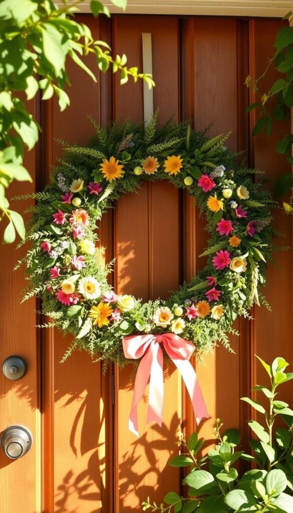 A lush, sun-drenched summer wreath adorns a charming wooden front door. The wreath is expertly crafted from a variety of vibrant, textured materials - fresh greenery, delicate wildflowers, and playful ribbons in summery hues. The arrangement is balanced and visually captivating, with a natural, organic feel. Soft, diffused sunlight illuminates the scene, casting warm shadows and highlights that bring the wreath to life. The wreath is the focal point, framed by the weathered wood of the door and the lush, verdant foliage surrounding it. An inviting, summery atmosphere radiates from the scene, welcoming visitors to a cozy, creative DIY haven. A lush, sun-drenched summer wreath adorns a charming wooden front door. The wreath is expertly crafted from a variety of vibrant, textured materials - fresh greenery, delicate wildflowers, and playful ribbons in summery hues. The arrangement is balanced and visually captivating, with a natural, organic feel. Soft, diffused sunlight illuminates the scene, casting warm shadows and highlights that bring the wreath to life. The wreath is the focal point, framed by the weathered wood of the door and the lush, verdant foliage surrounding it. An inviting, summery atmosphere radiates from the scene, welcoming visitors to a cozy, creative DIY haven.