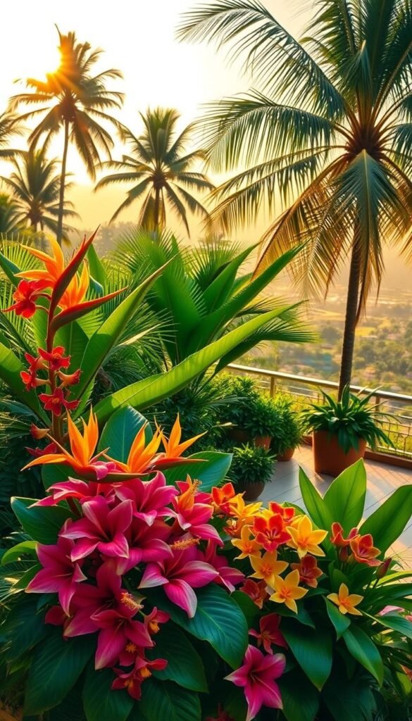 A lush, tropical flower display set against a warm, sunlit backdrop. In the foreground, a vibrant arrangement of exotic blooms - hibiscus, birds of paradise, and vibrant orchids - cascading in a natural, asymmetrical composition. The middle ground features potted palms and verdant foliage, creating a sense of depth and richness. In the background, a panoramic view of a tropical landscape with swaying palm trees and a hazy, golden horizon. The lighting is soft and diffused, casting a warm, inviting glow over the entire scene. Captured with a wide-angle lens to emphasize the grand, immersive scale of the display. A lush, tropical flower display set against a warm, sunlit backdrop. In the foreground, a vibrant arrangement of exotic blooms - hibiscus, birds of paradise, and vibrant orchids - cascading in a natural, asymmetrical composition. The middle ground features potted palms and verdant foliage, creating a sense of depth and richness. In the background, a panoramic view of a tropical landscape with swaying palm trees and a hazy, golden horizon. The lighting is soft and diffused, casting a warm, inviting glow over the entire scene. Captured with a wide-angle lens to emphasize the grand, immersive scale of the display.