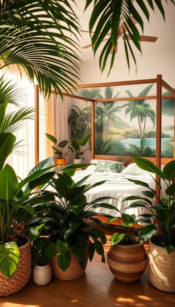 A lush, tropical oasis in the bedroom. In the foreground, a vibrant assortment of leafy plants - palms, monstera, and philodendrons - arranged in woven baskets and ceramic planters, casting soft shadows. The middle ground features a cozy, four-poster bed with crisp white linens, accented by an array of verdant potted plants on the nightstands. Warm, diffused lighting filters through sheer curtains, creating a serene, inviting ambiance. In the background, a mural of a tropical landscape with vibrant hues and a hint of the outdoors, blurring the lines between interior and exterior. Overall, an immersive, nature-inspired retreat that exudes relaxation and rejuvenation. A lush, tropical oasis in the bedroom. In the foreground, a vibrant assortment of leafy plants - palms, monstera, and philodendrons - arranged in woven baskets and ceramic planters, casting soft shadows. The middle ground features a cozy, four-poster bed with crisp white linens, accented by an array of verdant potted plants on the nightstands. Warm, diffused lighting filters through sheer curtains, creating a serene, inviting ambiance. In the background, a mural of a tropical landscape with vibrant hues and a hint of the outdoors, blurring the lines between interior and exterior. Overall, an immersive, nature-inspired retreat that exudes relaxation and rejuvenation.