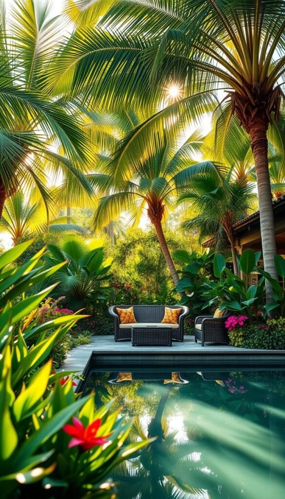 A lush, tropical outdoor oasis with palm trees swaying in the gentle breeze. Sunlight filters through the verdant canopy, casting a warm, golden glow over a cozy seating area featuring wicker furniture and plush, vibrant cushions. In the foreground, a tranquil reflecting pool reflects the surrounding greenery, creating an serene, inviting ambiance. Tall, leafy plants and exotic flowers border the scene, adding pops of vivid color and a sense of lush, natural abundance. The atmosphere is one of relaxation and escape, perfect for savoring the pleasures of summer. A lush, tropical outdoor oasis with palm trees swaying in the gentle breeze. Sunlight filters through the verdant canopy, casting a warm, golden glow over a cozy seating area featuring wicker furniture and plush, vibrant cushions. In the foreground, a tranquil reflecting pool reflects the surrounding greenery, creating an serene, inviting ambiance. Tall, leafy plants and exotic flowers border the scene, adding pops of vivid color and a sense of lush, natural abundance. The atmosphere is one of relaxation and escape, perfect for savoring the pleasures of summer.