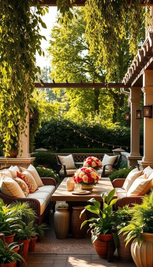 A lush, verdant patio or porch, bathed in warm, golden sunlight, showcasing an array of thoughtfully curated decor elements. In the foreground, a cozy seating area with plush, weather-resistant cushions and pillows in refreshing summer hues. Strategically placed potted plants and cascading greenery add a touch of natural beauty. The middle ground features a wooden or stone dining set, adorned with vibrant floral centerpieces and candlesticks, inviting you to linger and entertain. In the background, string lights or a stylish pergola create a charming, inviting ambiance, while the occasional gentle breeze rustles the surrounding foliage. The overall scene exudes a sense of tranquility, comfort, and effortless summer elegance. A lush, verdant patio or porch, bathed in warm, golden sunlight, showcasing an array of thoughtfully curated decor elements. In the foreground, a cozy seating area with plush, weather-resistant cushions and pillows in refreshing summer hues. Strategically placed potted plants and cascading greenery add a touch of natural beauty. The middle ground features a wooden or stone dining set, adorned with vibrant floral centerpieces and candlesticks, inviting you to linger and entertain. In the background, string lights or a stylish pergola create a charming, inviting ambiance, while the occasional gentle breeze rustles the surrounding foliage. The overall scene exudes a sense of tranquility, comfort, and effortless summer elegance.
