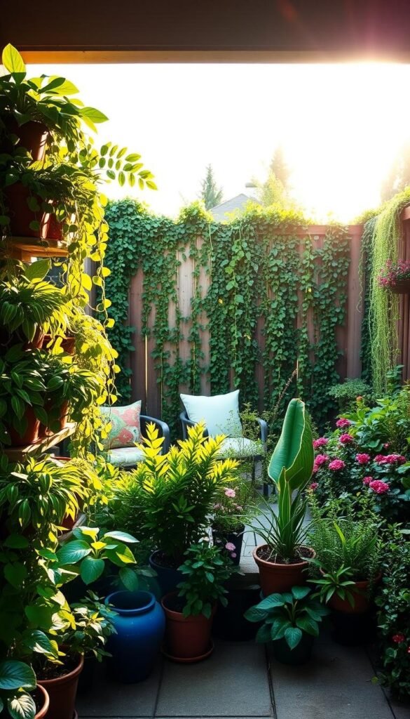 A lush, vertical garden backyard oasis bathed in warm, golden sunlight. In the foreground, a variety of thriving potted plants cascade down a tiered shelving unit, creating a verdant, textured focal point. The middle ground features a serene seating area surrounded by flourishing greenery, from trailing vines to vibrant flowering plants. In the background, a wooden privacy fence is adorned with a living wall of trailing ivy, blending the space with the natural environment. The overall atmosphere is one of tranquility and rejuvenation, inviting the viewer to immerse themselves in this verdant, sanctuary-like retreat.