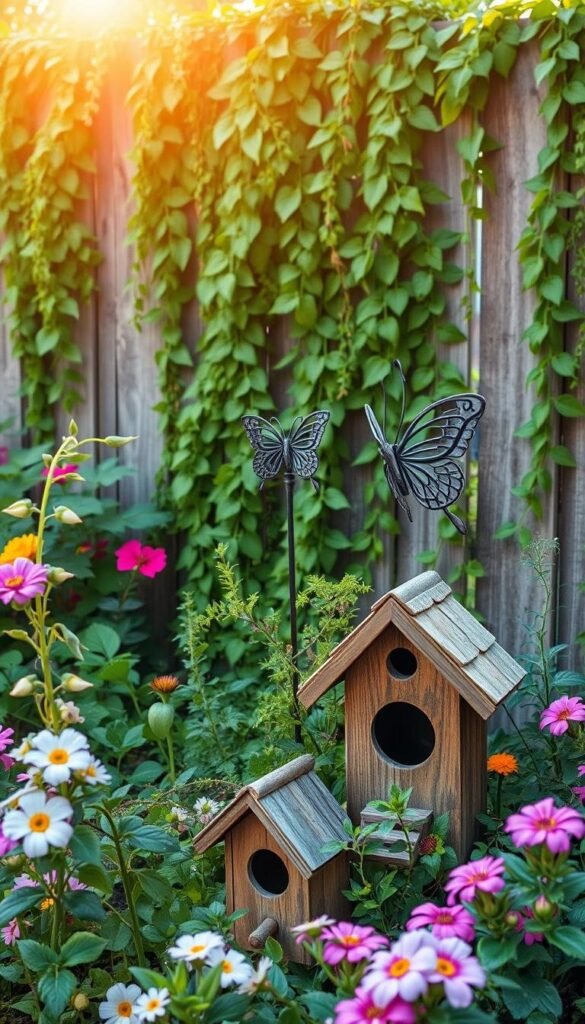 A lush, vibrant summer garden adorned with an array of whimsical accents. In the foreground, a quirky birdhouse in the shape of a tiny cottage nestled among trailing vines and blooming flowers. In the middle ground, a decorative garden stake with a delicate metal butterfly taking flight, casting intricate shadows on the surrounding foliage. The background features a rustic wooden fence draped with cascading greenery, creating a sense of depth and natural beauty. Warm, golden sunlight filters through the leaves, casting a soft, inviting glow over the scene. The overall atmosphere is one of enchantment and personalized charm, perfect for transforming an outdoor patio or porch into a serene, nature-inspired oasis.