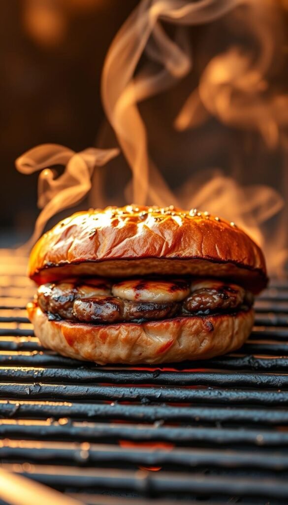 A meticulously grilled burger, sizzling with caramelized edges, nestled atop a well-charred grate. The burger's interior radiates a perfect medium-rare doneness, with a soft, juicy center. Wisps of aromatic smoke swirl around the scene, illuminated by warm, golden light filtering through the grill's metallic grates. The background is blurred, keeping the viewer's focus on the expertly crafted burger, the true star of this culinary masterpiece. This image captures the essence of mastering the ideal grill temperature to achieve the perfect burger for any summer gathering. A meticulously grilled burger, sizzling with caramelized edges, nestled atop a well-charred grate. The burger's interior radiates a perfect medium-rare doneness, with a soft, juicy center. Wisps of aromatic smoke swirl around the scene, illuminated by warm, golden light filtering through the grill's metallic grates. The background is blurred, keeping the viewer's focus on the expertly crafted burger, the true star of this culinary masterpiece. This image captures the essence of mastering the ideal grill temperature to achieve the perfect burger for any summer gathering.
