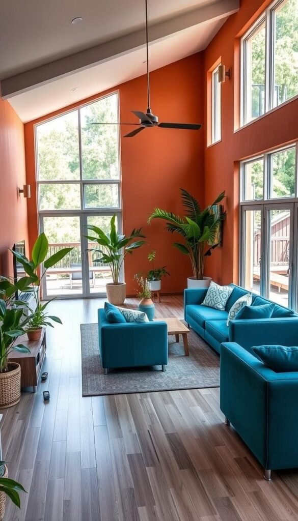 A modern, well-appointed summer home with a vibrant, inviting color palette. The interior features a spacious, open-concept living area with floor-to-ceiling windows that flood the space with warm, natural light. The walls are painted in a soothing, earthy tone, complemented by lush, verdant houseplants and stylish, minimalist furniture in shades of blue and green. Embedded within the decor are discreet smart home integrations, including voice-controlled lighting, automated climate systems, and seamlessly integrated media systems. The overall atmosphere is one of tranquility, comfort, and effortless technological integration, perfectly suited for a relaxing summer retreat. A modern, well-appointed summer home with a vibrant, inviting color palette. The interior features a spacious, open-concept living area with floor-to-ceiling windows that flood the space with warm, natural light. The walls are painted in a soothing, earthy tone, complemented by lush, verdant houseplants and stylish, minimalist furniture in shades of blue and green. Embedded within the decor are discreet smart home integrations, including voice-controlled lighting, automated climate systems, and seamlessly integrated media systems. The overall atmosphere is one of tranquility, comfort, and effortless technological integration, perfectly suited for a relaxing summer retreat.