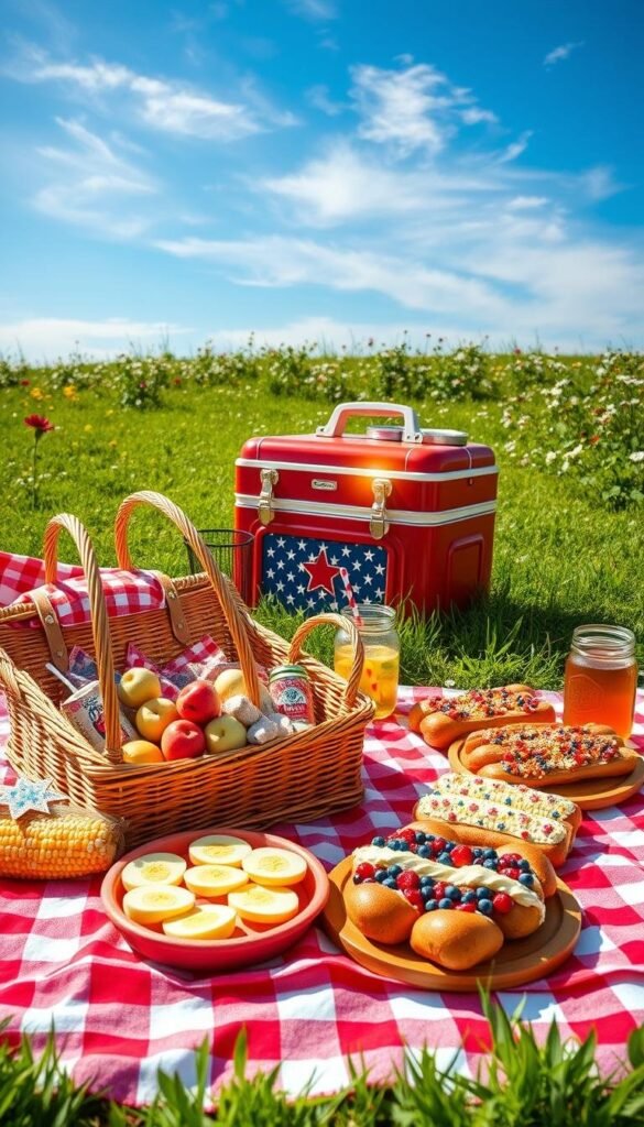 A patriotic picnic scene with vibrant, all-American fare. In the foreground, a red-and-white checkered picnic blanket, anchored by a wicker basket overflowing with classic treats - apple pie, deviled eggs, corn on the cob, and hot dogs with red, white, and blue toppings. In the middle ground, a vintage-style cooler in stars-and-stripes patterns, surrounded by mason jars of lemonade and iced tea. In the background, a lush green lawn dotted with blooming wildflowers, and a cloudless blue sky with wispy white clouds. Bright, warm natural lighting casts a festive glow over the scene, as if captured on a sunny Fourth of July afternoon. A patriotic picnic scene with vibrant, all-American fare. In the foreground, a red-and-white checkered picnic blanket, anchored by a wicker basket overflowing with classic treats - apple pie, deviled eggs, corn on the cob, and hot dogs with red, white, and blue toppings. In the middle ground, a vintage-style cooler in stars-and-stripes patterns, surrounded by mason jars of lemonade and iced tea. In the background, a lush green lawn dotted with blooming wildflowers, and a cloudless blue sky with wispy white clouds. Bright, warm natural lighting casts a festive glow over the scene, as if captured on a sunny Fourth of July afternoon.