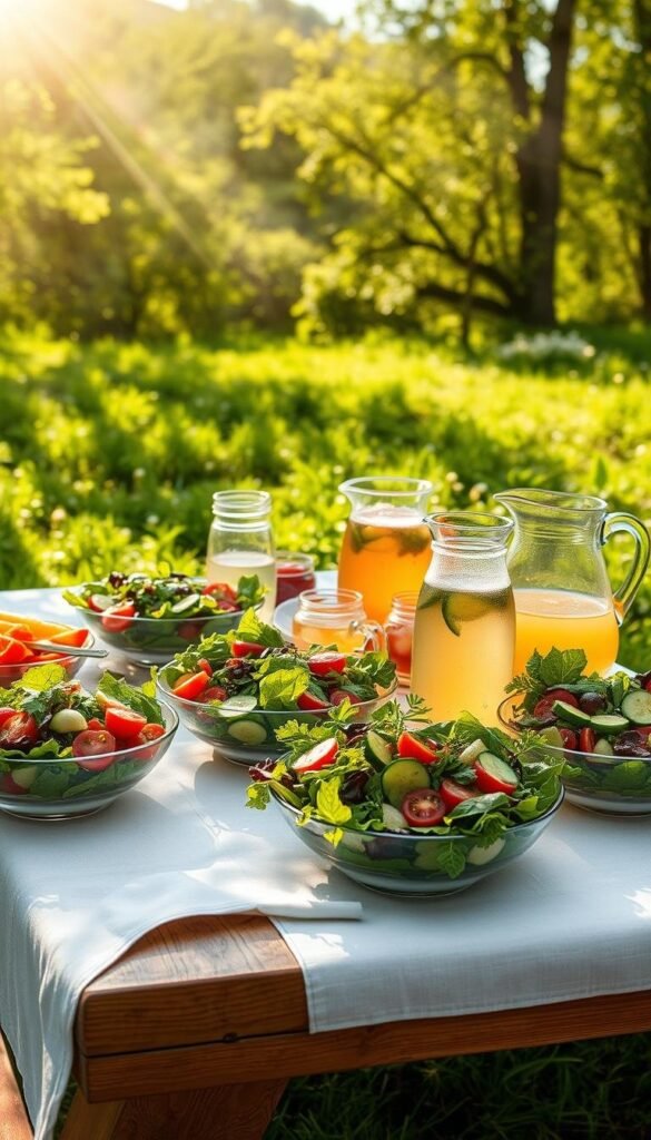 A picnic table adorned with a crisp white tablecloth, set against a lush, verdant backdrop. Overflowing bowls of fresh salads take center stage - vibrant greens, juicy tomatoes, crunchy cucumbers, and fragrant herbs. Chilled pitchers of infused waters and iced teas stand ready to quench thirst. Sunlight filters through the trees, casting a warm, golden glow over the scene. Soft, wispy clouds dot the sky, creating a sense of tranquility. The overall atmosphere is one of refreshment, nourishment, and the joyful embrace of the spring season. A picnic table adorned with a crisp white tablecloth, set against a lush, verdant backdrop. Overflowing bowls of fresh salads take center stage - vibrant greens, juicy tomatoes, crunchy cucumbers, and fragrant herbs. Chilled pitchers of infused waters and iced teas stand ready to quench thirst. Sunlight filters through the trees, casting a warm, golden glow over the scene. Soft, wispy clouds dot the sky, creating a sense of tranquility. The overall atmosphere is one of refreshment, nourishment, and the joyful embrace of the spring season.