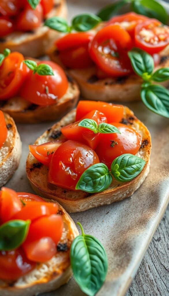 A platter of freshly grilled bruschetta, the golden-brown bread topped with juicy ripe tomatoes, their vibrant red hues glistening in the soft natural lighting. Delicate green basil leaves are artfully scattered across the surface, their fragrant aroma wafting through the air. The composition is balanced and visually appealing, with the textures and colors creating a tantalizing display fit for a spring picnic. Captured from a slightly elevated angle, the image conveys a sense of rustic simplicity and appetizing freshness, inviting the viewer to enjoy this light and flavorful appetizer. A platter of freshly grilled bruschetta, the golden-brown bread topped with juicy ripe tomatoes, their vibrant red hues glistening in the soft natural lighting. Delicate green basil leaves are artfully scattered across the surface, their fragrant aroma wafting through the air. The composition is balanced and visually appealing, with the textures and colors creating a tantalizing display fit for a spring picnic. Captured from a slightly elevated angle, the image conveys a sense of rustic simplicity and appetizing freshness, inviting the viewer to enjoy this light and flavorful appetizer.