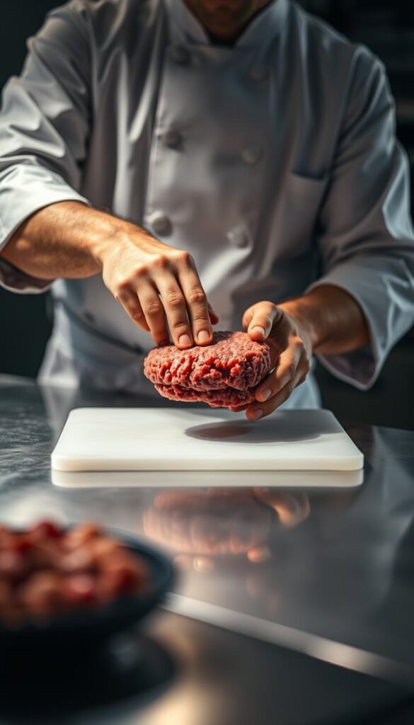 A professional chef standing at a clean stainless steel counter, carefully shaping a mound of freshly ground beef into a perfectly round burger patty. The chef's hands move with precision, gently pressing and molding the meat, ensuring an even thickness and smooth edges. Soft, natural lighting from overhead illuminates the scene, casting a warm glow on the chef's focused expression. The background is blurred, allowing the viewer to focus on the intricate process of patty preparation. The atmosphere is one of calm, controlled efficiency, setting the stage for the grilling of the perfect summertime burgers. A professional chef standing at a clean stainless steel counter, carefully shaping a mound of freshly ground beef into a perfectly round burger patty. The chef's hands move with precision, gently pressing and molding the meat, ensuring an even thickness and smooth edges. Soft, natural lighting from overhead illuminates the scene, casting a warm glow on the chef's focused expression. The background is blurred, allowing the viewer to focus on the intricate process of patty preparation. The atmosphere is one of calm, controlled efficiency, setting the stage for the grilling of the perfect summertime burgers.