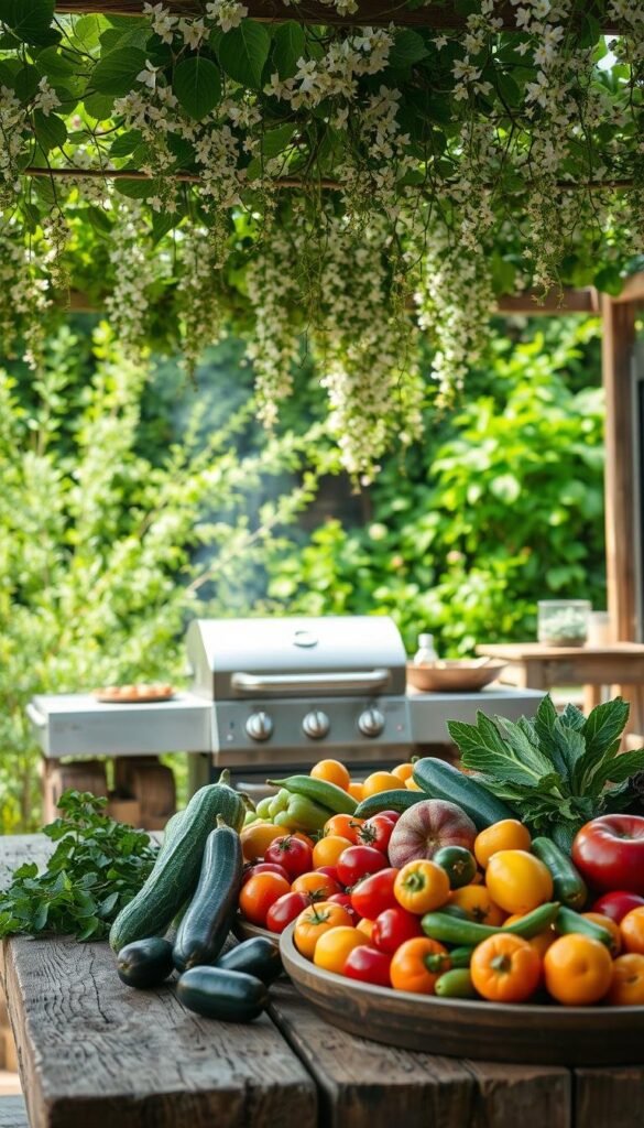 A rustic barbecue area adorned with seasonal produce and lush greenery. In the foreground, a weathered wooden table is set with an assortment of fresh fruits and vegetables, their vibrant colors and organic shapes creating a bountiful display. Suspended above, a canopy of trailing vines and delicate flowers casts a soft, dappled light across the scene. In the middle ground, a well-used grill stands ready, its metal gleaming under the warm summer sun. The background features a backdrop of lush, verdant foliage, hinting at the abundance of nature. The atmosphere is one of relaxed, al fresco dining, where the pleasures of summer produce are celebrated in a setting of effortless charm and natural beauty. A rustic barbecue area adorned with seasonal produce and lush greenery. In the foreground, a weathered wooden table is set with an assortment of fresh fruits and vegetables, their vibrant colors and organic shapes creating a bountiful display. Suspended above, a canopy of trailing vines and delicate flowers casts a soft, dappled light across the scene. In the middle ground, a well-used grill stands ready, its metal gleaming under the warm summer sun. The background features a backdrop of lush, verdant foliage, hinting at the abundance of nature. The atmosphere is one of relaxed, al fresco dining, where the pleasures of summer produce are celebrated in a setting of effortless charm and natural beauty.