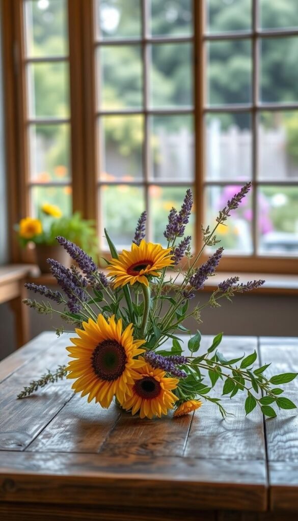A rustic wooden table displays a delicate arrangement of summer botanicals - vibrant sunflowers, fragrant lavender sprigs, and lush greenery. Soft, diffused lighting from a large window casts a warm, golden glow across the scene. The floral elements are posed with artful simplicity, allowing their natural beauty to shine. In the background, a blurred view of a peaceful garden setting provides a serene, natural backdrop. This charming DIY floral display evokes the essence of the season, emanating a sense of relaxed elegance and effortless style. A rustic wooden table displays a delicate arrangement of summer botanicals - vibrant sunflowers, fragrant lavender sprigs, and lush greenery. Soft, diffused lighting from a large window casts a warm, golden glow across the scene. The floral elements are posed with artful simplicity, allowing their natural beauty to shine. In the background, a blurred view of a peaceful garden setting provides a serene, natural backdrop. This charming DIY floral display evokes the essence of the season, emanating a sense of relaxed elegance and effortless style.