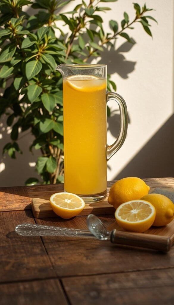A rustic wooden table, its worn surface catching the warm afternoon light. Atop it, a tall glass pitcher filled with a golden, effervescent liquid - freshly squeezed lemonade, its zesty aroma wafting through the air. Beside the pitcher, a cutting board with lemons halved, their vibrant yellow rinds glistening. A vintage glass reamer stands ready, its wooden handle inviting a gentle twist to extract every last drop of juice. In the background, a lush, leafy plant casts a soft, natural shadow, creating a calming, timeless atmosphere. The scene exudes a sense of simplicity and wholesome delight, perfectly capturing the essence of a classic lemonade recipe. A rustic wooden table, its worn surface catching the warm afternoon light. Atop it, a tall glass pitcher filled with a golden, effervescent liquid - freshly squeezed lemonade, its zesty aroma wafting through the air. Beside the pitcher, a cutting board with lemons halved, their vibrant yellow rinds glistening. A vintage glass reamer stands ready, its wooden handle inviting a gentle twist to extract every last drop of juice. In the background, a lush, leafy plant casts a soft, natural shadow, creating a calming, timeless atmosphere. The scene exudes a sense of simplicity and wholesome delight, perfectly capturing the essence of a classic lemonade recipe.
