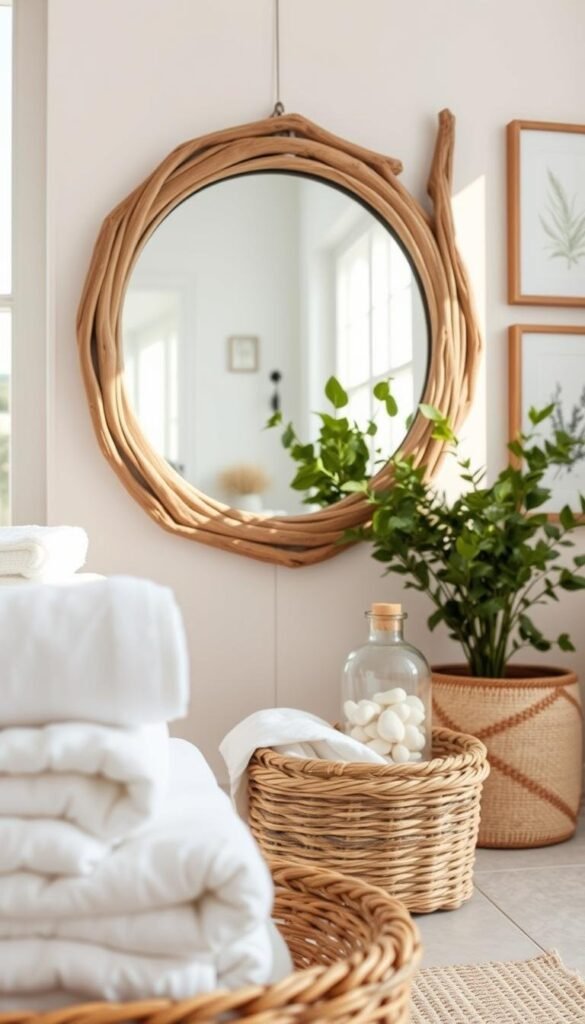 A serene beachside setting with coastal-inspired DIY decor elements. In the foreground, a stack of fresh white towels and a decorative woven basket. In the middle ground, a rustic driftwood-framed mirror reflects the natural light streaming in from a large window. The background showcases a lush potted plant, a vintage-inspired glass jar filled with smooth pebbles, and a few framed botanical prints on the wall. The overall mood is calming and spa-like, with a neutral color palette of whites, grays, and natural wood tones. Soft, diffused lighting from an unseen source casts a warm glow throughout the scene. Captured with a wide-angle lens to emphasize the airy, expansive feel. A serene beachside setting with coastal-inspired DIY decor elements. In the foreground, a stack of fresh white towels and a decorative woven basket. In the middle ground, a rustic driftwood-framed mirror reflects the natural light streaming in from a large window. The background showcases a lush potted plant, a vintage-inspired glass jar filled with smooth pebbles, and a few framed botanical prints on the wall. The overall mood is calming and spa-like, with a neutral color palette of whites, grays, and natural wood tones. Soft, diffused lighting from an unseen source casts a warm glow throughout the scene. Captured with a wide-angle lens to emphasize the airy, expansive feel.