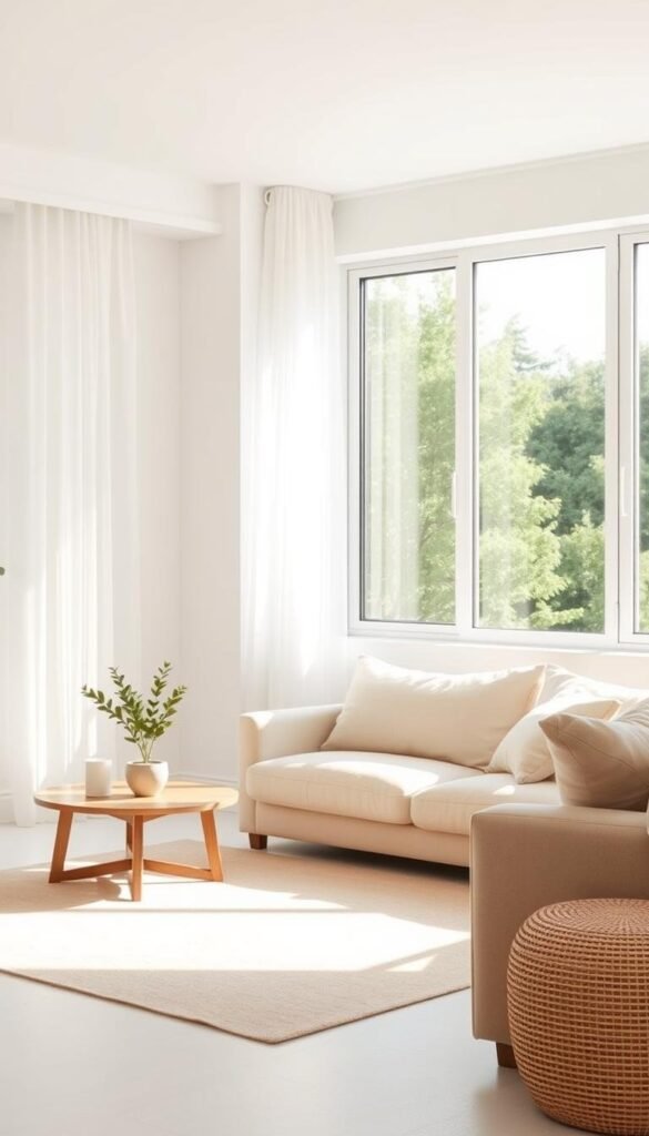 A serene, minimalist living room with pale white walls, clean lines, and natural textures. In the foreground, a plush beige sofa and a low wooden coffee table with a single potted plant. Soft ambient lighting filters through sheer curtains, casting a warm, summery glow. The middle ground features a geometric area rug in muted tones, and a wall-mounted shelf displaying a few simple, decorative objects. The background showcases a large window overlooking a lush, verdant landscape, blurring the boundaries between indoors and outdoors. An atmosphere of tranquility and understated elegance pervades the scene, embodying the essence of the minimalist summer home decor trend. A serene, minimalist living room with pale white walls, clean lines, and natural textures. In the foreground, a plush beige sofa and a low wooden coffee table with a single potted plant. Soft ambient lighting filters through sheer curtains, casting a warm, summery glow. The middle ground features a geometric area rug in muted tones, and a wall-mounted shelf displaying a few simple, decorative objects. The background showcases a large window overlooking a lush, verdant landscape, blurring the boundaries between indoors and outdoors. An atmosphere of tranquility and understated elegance pervades the scene, embodying the essence of the minimalist summer home decor trend.