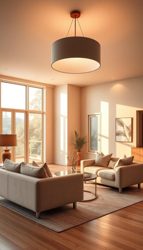 A sophisticated and sun-drenched living room, with sleek mid-century modern furnishings bathed in warm, diffused lighting. A pair of plush, champagne-colored sofas anchor the space, flanked by minimalist end tables supporting vintage-inspired table lamps. Overhead, a large, circular pendant light casts a soft, ambient glow, complemented by strategic recessed lighting that highlights the room's architectural details. Abundant natural light streams in through large windows, casting a golden hue and creating a serene, summery ambiance. The overall aesthetic is one of effortless elegance and relaxation. A sophisticated and sun-drenched living room, with sleek mid-century modern furnishings bathed in warm, diffused lighting. A pair of plush, champagne-colored sofas anchor the space, flanked by minimalist end tables supporting vintage-inspired table lamps. Overhead, a large, circular pendant light casts a soft, ambient glow, complemented by strategic recessed lighting that highlights the room's architectural details. Abundant natural light streams in through large windows, casting a golden hue and creating a serene, summery ambiance. The overall aesthetic is one of effortless elegance and relaxation.