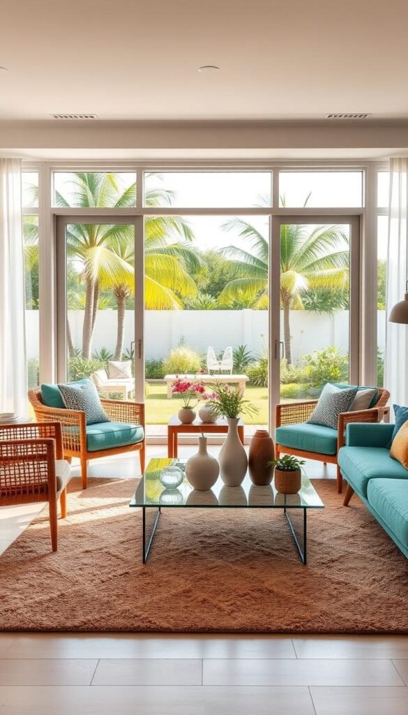 A stylish living room with modern summer furniture trends. In the foreground, a mid-century inspired sofa in a vibrant turquoise hue is flanked by two woven rattan armchairs. Placed on a plush, textured area rug, a sleek coffee table with a glass top showcases decorative vases and potted plants. The middle ground features floor-to-ceiling windows that flood the space with warm, natural light. Outside, a lush garden with swaying palm trees is visible. The overall atmosphere evokes a sense of coastal, breezy elegance perfect for summer. A stylish living room with modern summer furniture trends. In the foreground, a mid-century inspired sofa in a vibrant turquoise hue is flanked by two woven rattan armchairs. Placed on a plush, textured area rug, a sleek coffee table with a glass top showcases decorative vases and potted plants. The middle ground features floor-to-ceiling windows that flood the space with warm, natural light. Outside, a lush garden with swaying palm trees is visible. The overall atmosphere evokes a sense of coastal, breezy elegance perfect for summer.