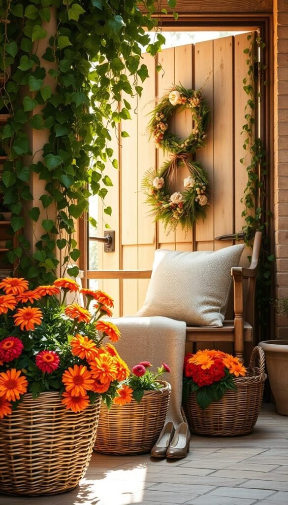 A sun-dappled entryway adorned with lush seasonal blooms, lending a warm, inviting atmosphere. In the foreground, a pair of woven rattan baskets overflow with vibrant marigolds and zinnias, their petals dancing in the gentle breeze. Against the background, a rustic wooden bench draped with a soft, textured throw cushion invites visitors to pause and admire the display. Strands of verdant ivy cascade down the weathered entry door, framed by a wreath of fragrant eucalyptus and dried floral accents. Soft, natural lighting filters through the open doorway, casting a golden glow over the scene, creating a sense of tranquility and rejuvenation. A sun-dappled entryway adorned with lush seasonal blooms, lending a warm, inviting atmosphere. In the foreground, a pair of woven rattan baskets overflow with vibrant marigolds and zinnias, their petals dancing in the gentle breeze. Against the background, a rustic wooden bench draped with a soft, textured throw cushion invites visitors to pause and admire the display. Strands of verdant ivy cascade down the weathered entry door, framed by a wreath of fragrant eucalyptus and dried floral accents. Soft, natural lighting filters through the open doorway, casting a golden glow over the scene, creating a sense of tranquility and rejuvenation.