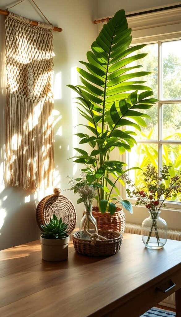 A sun-dappled home office corner, with natural elements artfully arranged. In the foreground, a wooden desk adorned with a potted succulent, a woven basket, and a vintage glass vase filled with wildflowers. On the wall behind, a macrame wall hanging casts intricate shadows. In the middle ground, a large leafy houseplant stands tall, its verdant fronds casting a soothing, verdant glow. The background features an open window, allowing warm natural light to flood the space and revealing a lush, verdant garden beyond. The scene exudes a sense of tranquility and inspiration, seamlessly blending the outdoors with the indoor workspace. A sun-dappled home office corner, with natural elements artfully arranged. In the foreground, a wooden desk adorned with a potted succulent, a woven basket, and a vintage glass vase filled with wildflowers. On the wall behind, a macrame wall hanging casts intricate shadows. In the middle ground, a large leafy houseplant stands tall, its verdant fronds casting a soothing, verdant glow. The background features an open window, allowing warm natural light to flood the space and revealing a lush, verdant garden beyond. The scene exudes a sense of tranquility and inspiration, seamlessly blending the outdoors with the indoor workspace.
