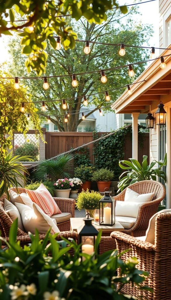 A sun-dappled outdoor living space, the warm glow of string lights casting a festive ambiance. Plush cushions and woven patio furniture invite relaxation, nestled amongst potted plants and cascading greenery. Lanterns flicker softly, their gentle illumination creating pockets of cozy light. The scene exudes a summer-inspired, cheerful charm, perfect for alfresco dining and leisurely evenings. Crisp, clean lines and a touch of rustic elegance blend seamlessly, capturing the essence of a welcoming, summertime retreat. A sun-dappled outdoor living space, the warm glow of string lights casting a festive ambiance. Plush cushions and woven patio furniture invite relaxation, nestled amongst potted plants and cascading greenery. Lanterns flicker softly, their gentle illumination creating pockets of cozy light. The scene exudes a summer-inspired, cheerful charm, perfect for alfresco dining and leisurely evenings. Crisp, clean lines and a touch of rustic elegance blend seamlessly, capturing the essence of a welcoming, summertime retreat.