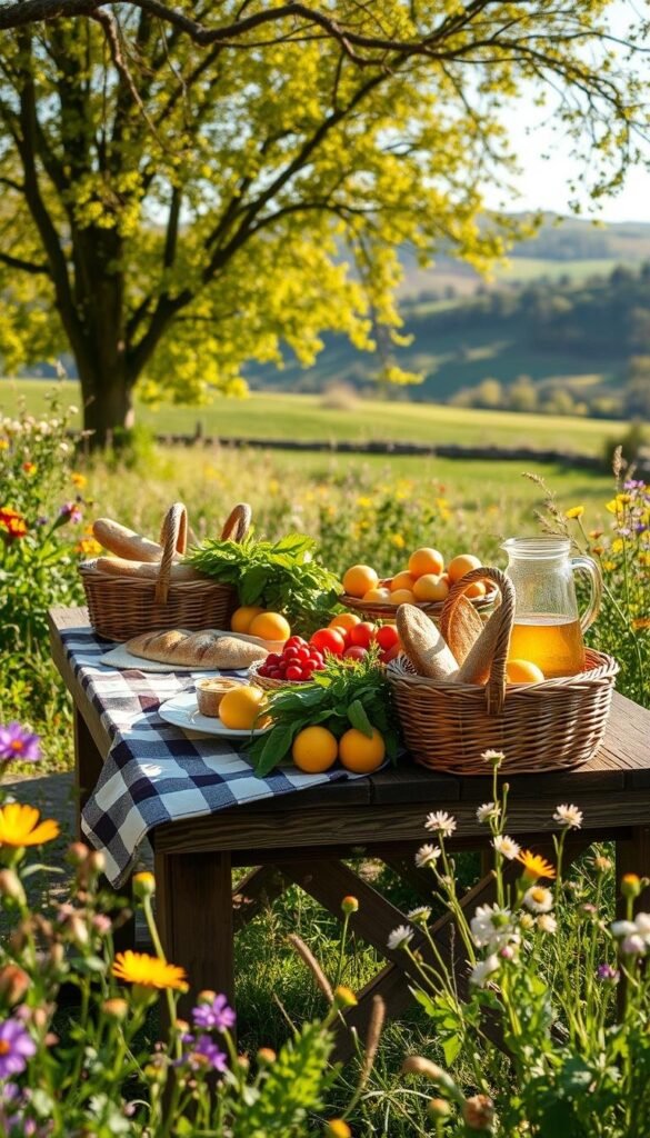 A sun-dappled outdoor setting, a picturesque spring scene. A rustic wooden table adorned with a checkered picnic blanket, woven baskets brimming with fresh seasonal produce, artisanal breads, and a pitcher of lemonade. Colorful wildflowers and lush greenery surround the scene, creating a cozy and inviting atmosphere. Soft natural lighting filters through the canopy of trees, casting a warm glow over the gathering. In the distance, a rolling meadow stretches out, hinting at the gentle beauty of the countryside. This is a place of simple pleasures, where friends and family can come together to savor the essence of spring and the joy of an outdoor gathering. A sun-dappled outdoor setting, a picturesque spring scene. A rustic wooden table adorned with a checkered picnic blanket, woven baskets brimming with fresh seasonal produce, artisanal breads, and a pitcher of lemonade. Colorful wildflowers and lush greenery surround the scene, creating a cozy and inviting atmosphere. Soft natural lighting filters through the canopy of trees, casting a warm glow over the gathering. In the distance, a rolling meadow stretches out, hinting at the gentle beauty of the countryside. This is a place of simple pleasures, where friends and family can come together to savor the essence of spring and the joy of an outdoor gathering.