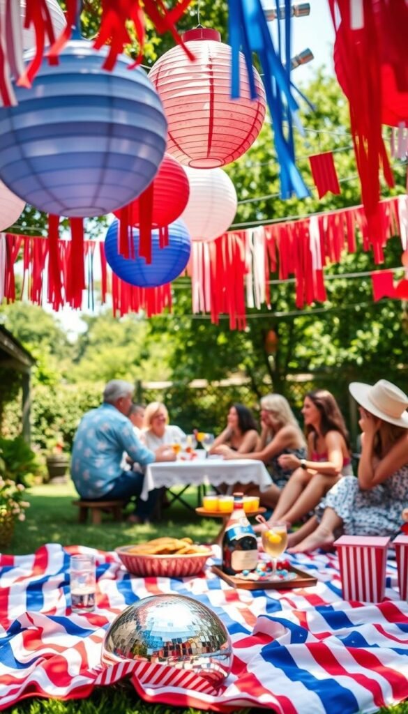 A sun-drenched 4th of July celebration filled with vibrant patriotic decor. In the foreground, a picnic blanket adorned with red, white, and blue streamers, paper lanterns, and a sparkling disco ball. Middle ground showcases a group of friends and family gathered around a table, laughing and enjoying festive cocktails and homemade desserts. The background reveals a lush backyard with twinkling string lights overhead, casting a warm glow on the scene. Capture the joyful, nostalgic atmosphere with a wide-angle lens, focusing on the candid moments and the captivating interplay of light and shadow. A sun-drenched 4th of July celebration filled with vibrant patriotic decor. In the foreground, a picnic blanket adorned with red, white, and blue streamers, paper lanterns, and a sparkling disco ball. Middle ground showcases a group of friends and family gathered around a table, laughing and enjoying festive cocktails and homemade desserts. The background reveals a lush backyard with twinkling string lights overhead, casting a warm glow on the scene. Capture the joyful, nostalgic atmosphere with a wide-angle lens, focusing on the candid moments and the captivating interplay of light and shadow.