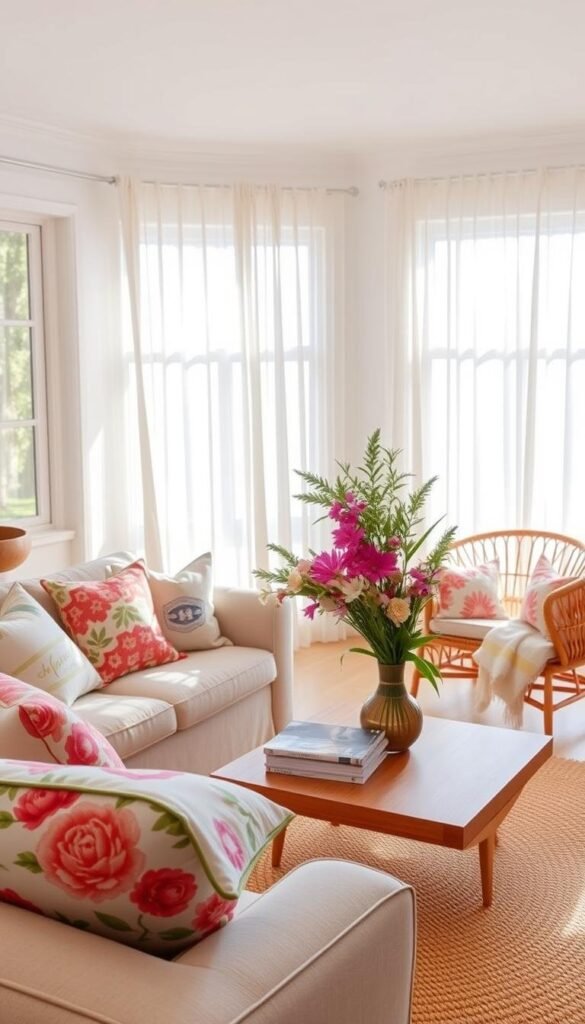 A sun-drenched living room with an abundance of natural light streaming through large windows, illuminating a collection of vibrant summer home accents. In the foreground, a plush, linen-upholstered sofa is adorned with an array of colorful throw pillows in floral and geometric patterns. On the coffee table, a vase of fresh-cut wildflowers and a stack of glossy magazines add a touch of organic elegance. The middle ground features a natural woven area rug, complemented by a pair of rattan armchairs arranged to create an inviting conversational setting. Hanging in the background, sheer white curtains gently sway, filtering the warm sunlight and contributing to the serene, airy atmosphere. A sun-drenched living room with an abundance of natural light streaming through large windows, illuminating a collection of vibrant summer home accents. In the foreground, a plush, linen-upholstered sofa is adorned with an array of colorful throw pillows in floral and geometric patterns. On the coffee table, a vase of fresh-cut wildflowers and a stack of glossy magazines add a touch of organic elegance. The middle ground features a natural woven area rug, complemented by a pair of rattan armchairs arranged to create an inviting conversational setting. Hanging in the background, sheer white curtains gently sway, filtering the warm sunlight and contributing to the serene, airy atmosphere.