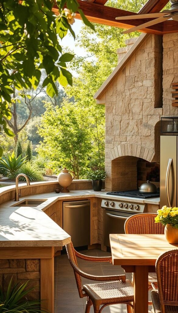 A sun-drenched outdoor kitchen nestled amidst lush greenery and a serene garden landscape. Elegant stone countertops and a wood-fired oven create a rustic, yet refined ambiance. Soft, diffused natural lighting filters through the surrounding foliage, casting a warm, inviting glow over the scene. Sleek, stainless steel appliances gleam in the sunlight, complementing the earthy tones and natural textures. A charming dining area with a wooden table and wicker chairs beckons for alfresco meals and relaxed gatherings. The overall atmosphere exudes a sense of seasonal tranquility and a retreat from the everyday, perfectly encapsulating the essence of summer kitchen decor. A sun-drenched outdoor kitchen nestled amidst lush greenery and a serene garden landscape. Elegant stone countertops and a wood-fired oven create a rustic, yet refined ambiance. Soft, diffused natural lighting filters through the surrounding foliage, casting a warm, inviting glow over the scene. Sleek, stainless steel appliances gleam in the sunlight, complementing the earthy tones and natural textures. A charming dining area with a wooden table and wicker chairs beckons for alfresco meals and relaxed gatherings. The overall atmosphere exudes a sense of seasonal tranquility and a retreat from the everyday, perfectly encapsulating the essence of summer kitchen decor.