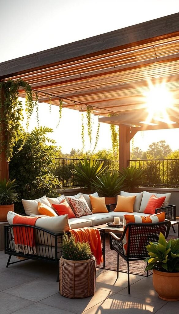 A sun-drenched outdoor living space, adorned with the latest summer decor trends. In the foreground, a stylish sectional sofa in neutral tones, accented with vibrant throw pillows and blankets. Surrounding it, a mix of modern rattan and metal patio furniture, arranged in a inviting layout. In the middle ground, lush potted plants and cascading greenery, softening the edges. The background features a chic pergola, casting a warm, ambient glow through its slatted wooden beams. The entire scene is bathed in the golden light of a late afternoon summer sun, creating a serene and relaxing atmosphere. A sun-drenched outdoor living space, adorned with the latest summer decor trends. In the foreground, a stylish sectional sofa in neutral tones, accented with vibrant throw pillows and blankets. Surrounding it, a mix of modern rattan and metal patio furniture, arranged in a inviting layout. In the middle ground, lush potted plants and cascading greenery, softening the edges. The background features a chic pergola, casting a warm, ambient glow through its slatted wooden beams. The entire scene is bathed in the golden light of a late afternoon summer sun, creating a serene and relaxing atmosphere.
