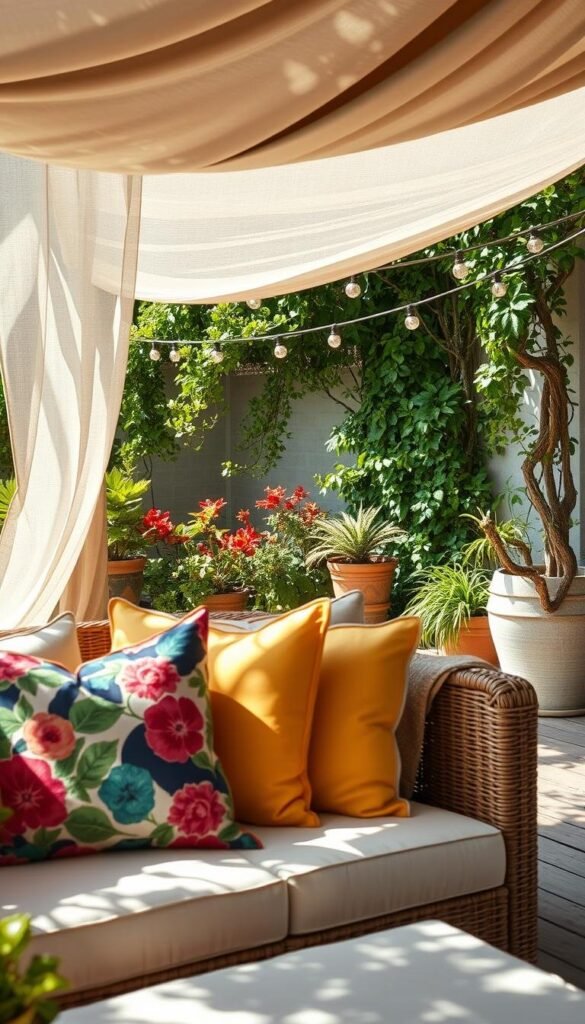 A sun-drenched outdoor living space, lush with vibrant textiles and verdant foliage. In the foreground, plush throw pillows in bold floral patterns and solid jewel-toned hues adorn a cozy rattan sectional. Mid-ground, a sheer linen canopy billows gently in a warm summer breeze, casting dappled shadows on the weathered wood deck. In the background, trailing vines and potted greenery create a lush, natural backdrop, complemented by the warm glow of string lights strung overhead. A sense of effortless elegance and laid-back comfort pervades the scene, captured with a soft, diffused lighting and a wide, inviting angle. A sun-drenched outdoor living space, lush with vibrant textiles and verdant foliage. In the foreground, plush throw pillows in bold floral patterns and solid jewel-toned hues adorn a cozy rattan sectional. Mid-ground, a sheer linen canopy billows gently in a warm summer breeze, casting dappled shadows on the weathered wood deck. In the background, trailing vines and potted greenery create a lush, natural backdrop, complemented by the warm glow of string lights strung overhead. A sense of effortless elegance and laid-back comfort pervades the scene, captured with a soft, diffused lighting and a wide, inviting angle.
